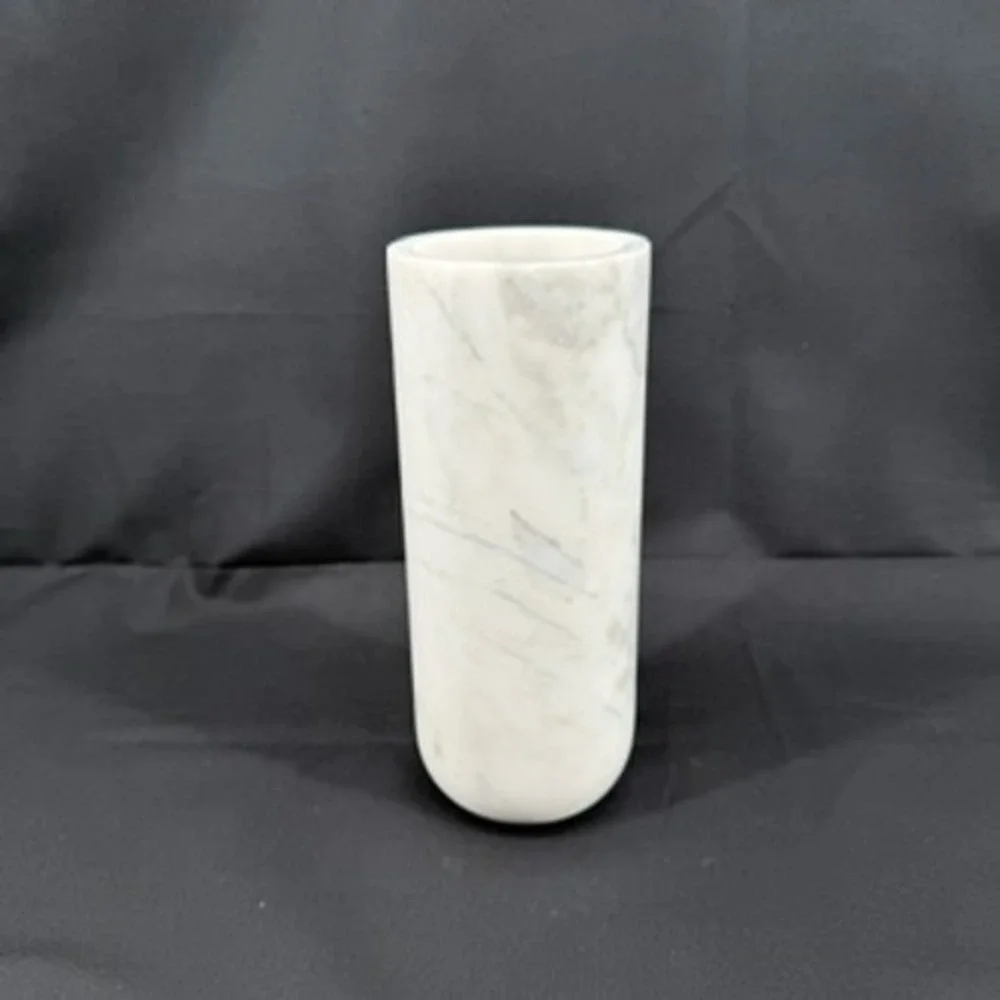 White Marble Cylinder Vase Minimalist Modern Stone Decor 8 inch